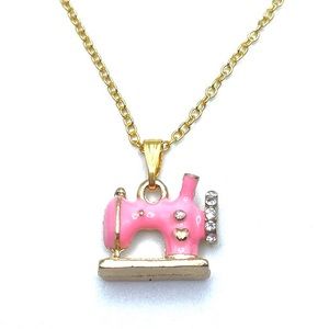 Pink Sewing Machine Necklace Gold Tone Rhinestones